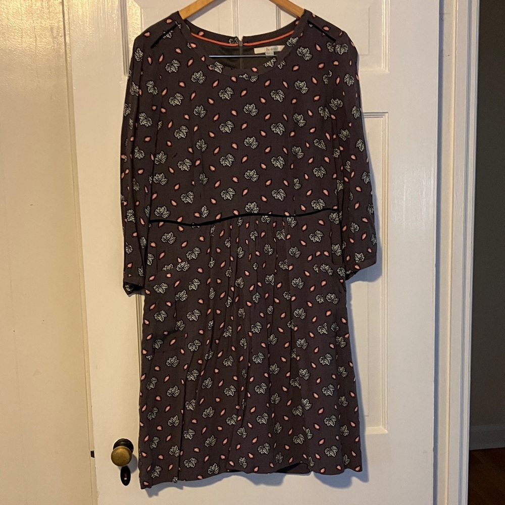 Boden Gray and Pink Leaf Print Dress